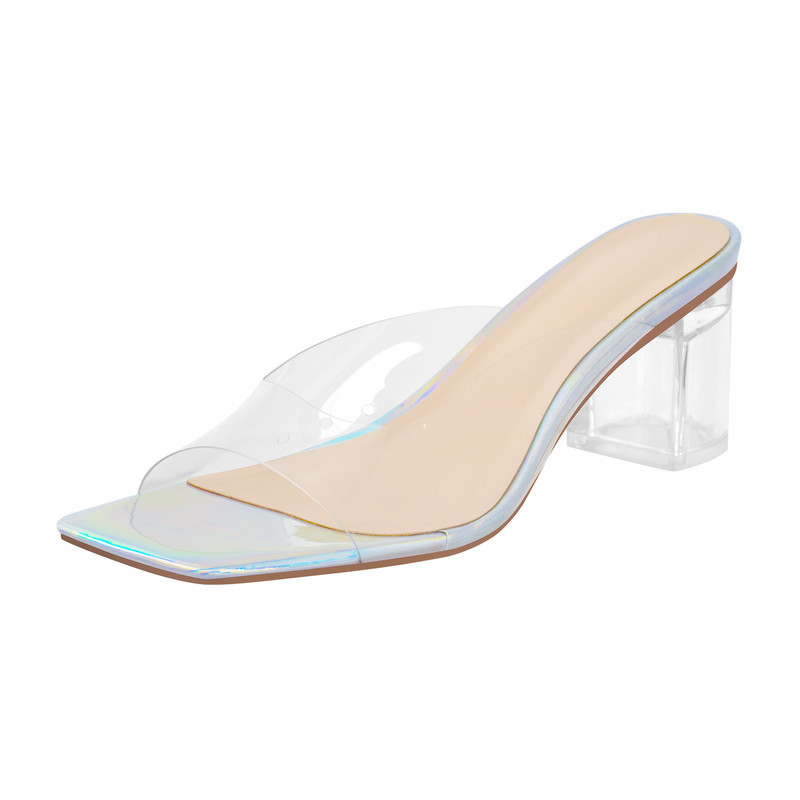 Holografische transparente Sandalen mit quadratischem Absatz Mules