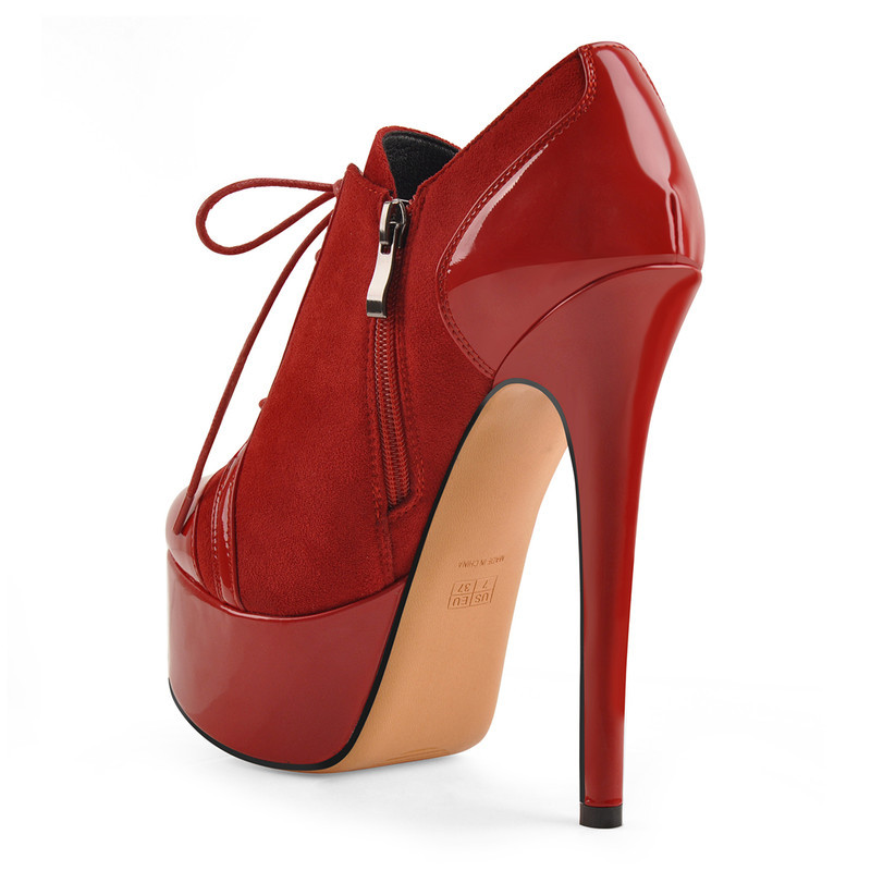 Runde Zehe geteiltes Gelenk Plateau Hochfrontpumps rotes Schnürstiefeletten Plattform