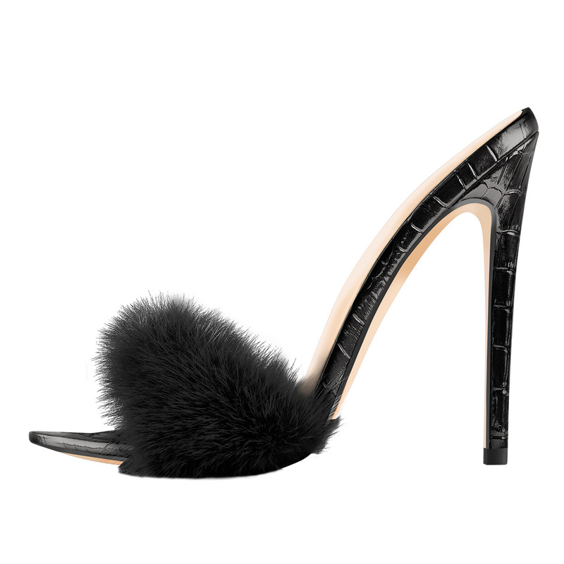 Schwarze Pelzige Hochhackige Pantoffeln Frauen Feine Hochhackige Offene Zehe ein Riemen atmungsaktive schwarze Krododildruck Stiletto Sandalen