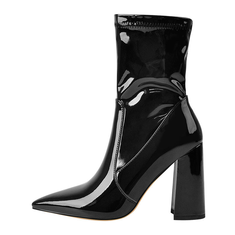 Knöchelstiefel mit Blockabsatz Stiefeletten High Heels Lack Schwarz