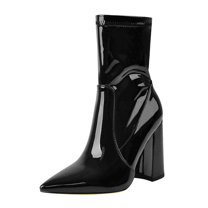 Knöchelstiefel mit Blockabsatz Stiefeletten High Heels Lack Schwarz