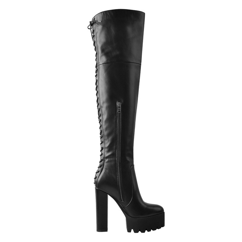  Langschaft Plateau stiefel Reißverschluss Schnürsenkel klobige High Heels