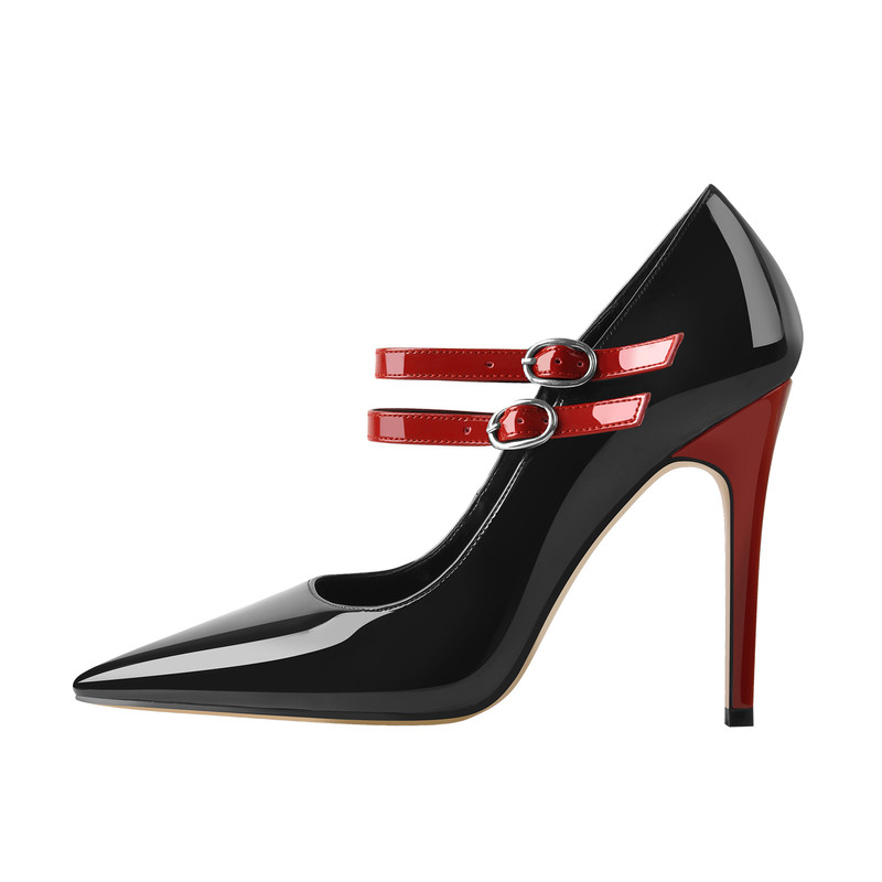 Spitze Lackleder Stiletto Pumps Schnallenriemen und Absatz