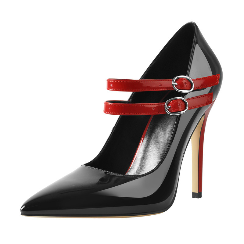 Spitze Lackleder Stiletto Pumps Schnallenriemen und Absatz