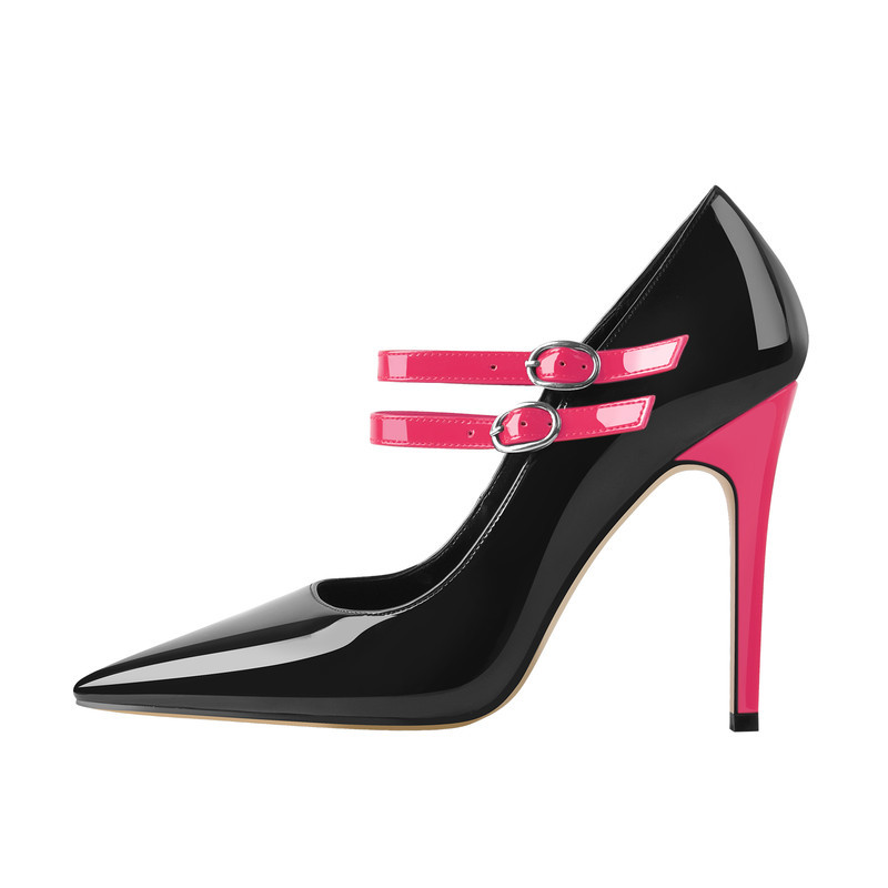 Spitze Lackleder Stiletto Pumps Schnallenriemen und Absatz