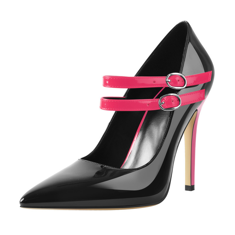 Spitze Lackleder Stiletto Pumps Schnallenriemen und Absatz