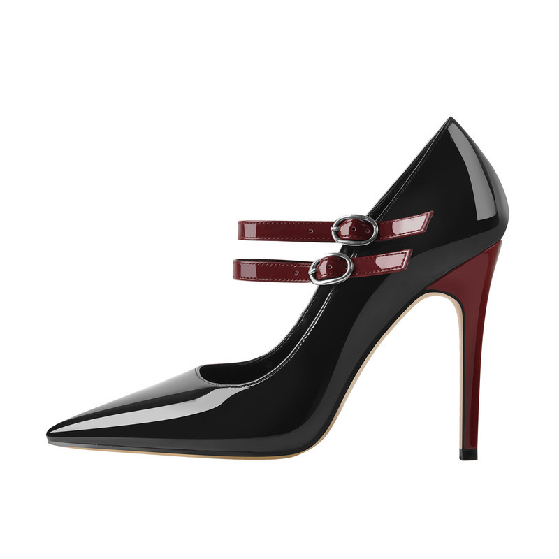 Spitze Lackleder Stiletto Pumps Schnallenriemen und Absatz