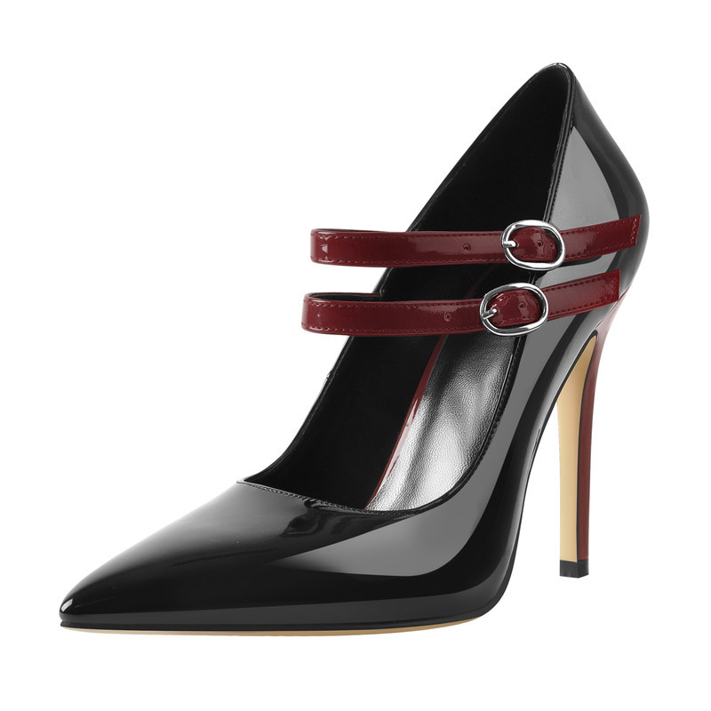 Spitze Lackleder Stiletto Pumps Schnallenriemen und Absatz