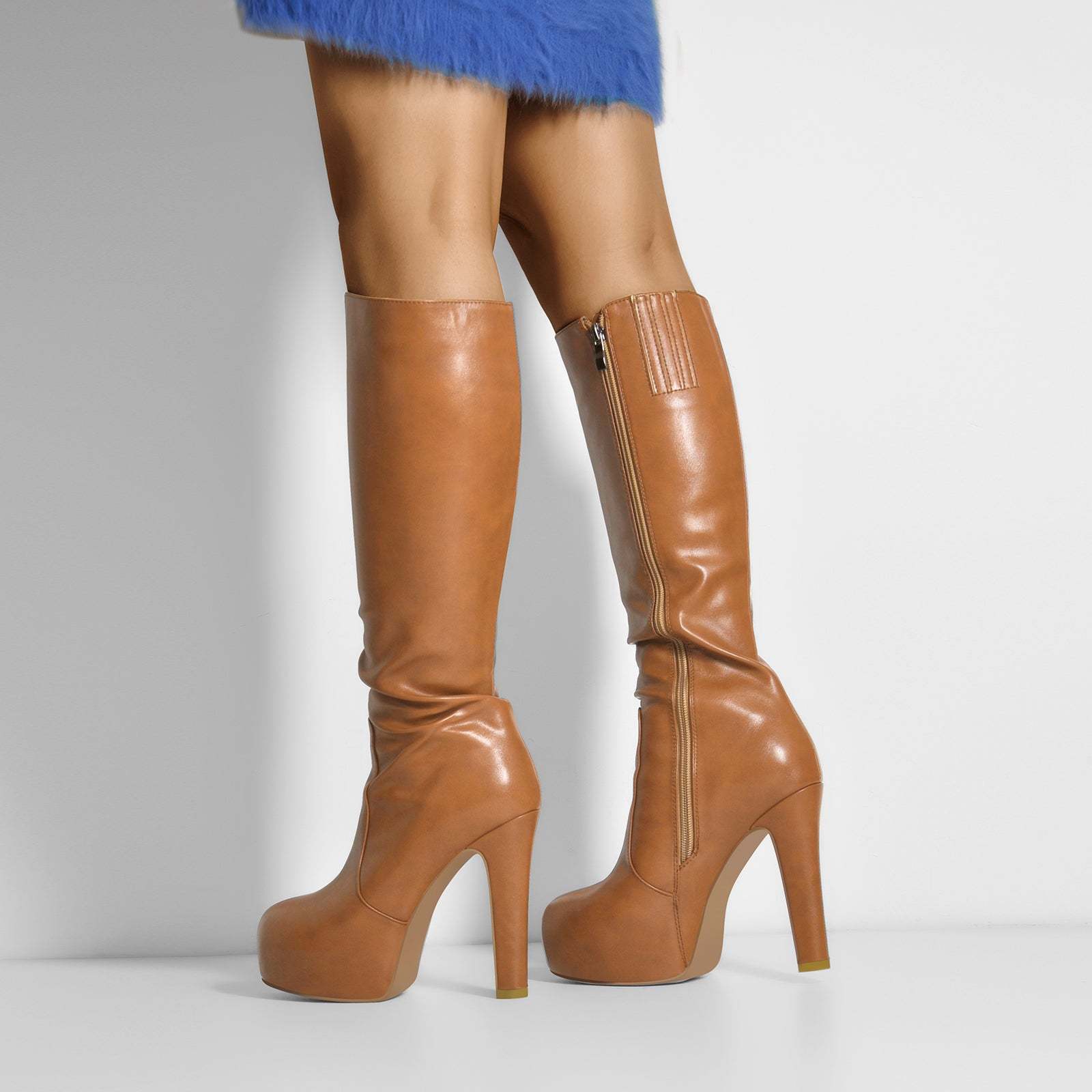 Plateau Langschaft Stiefel mit Blockabsatz Weitschaft