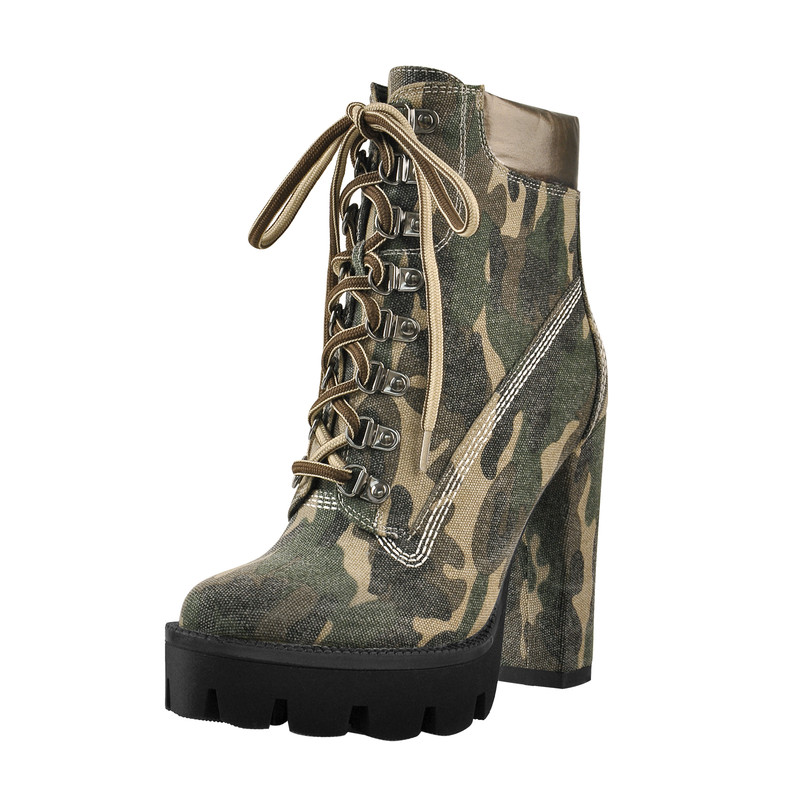 Camo Runde Zehe Plattform Spitze Chunky High Heels Stiefeletten