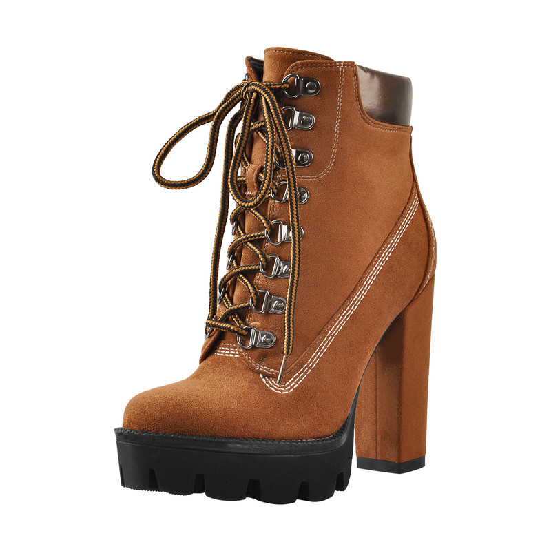 Plateau-Schnürstiefel aus dem Segeltuch mit klobigem Absatz