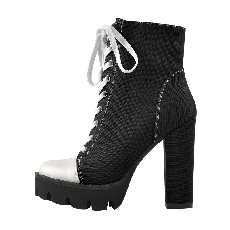 Plateau-Schnürstiefel aus dem Segeltuch mit klobigem Absatz