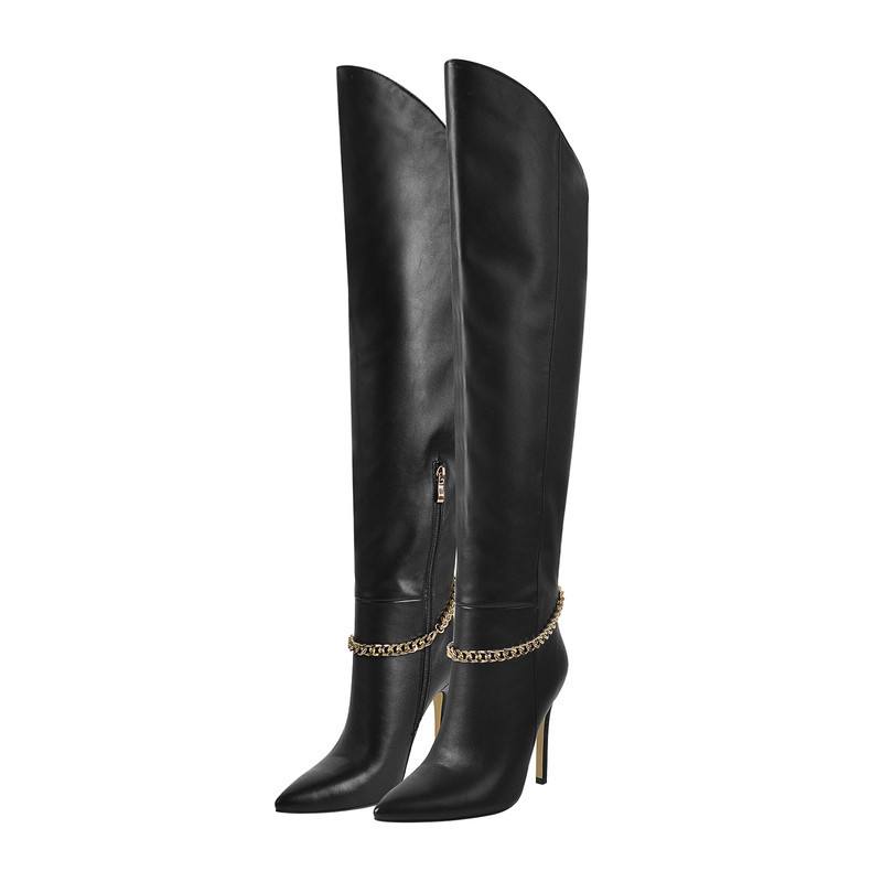 Spitz zulaufende schwarze Metallkette Kniehohe Stiletto Stiefel