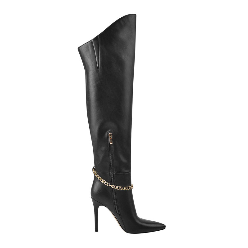 Spitz zulaufende schwarze Metallkette Kniehohe Stiletto Stiefel