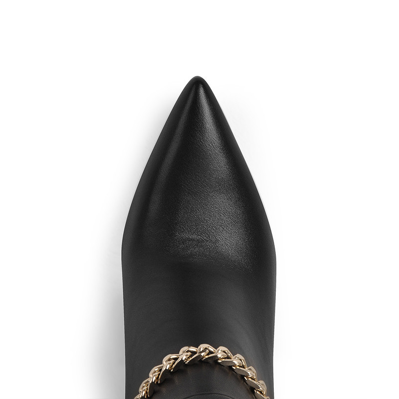 Spitz zulaufende schwarze Metallkette Kniehohe Stiletto Stiefel