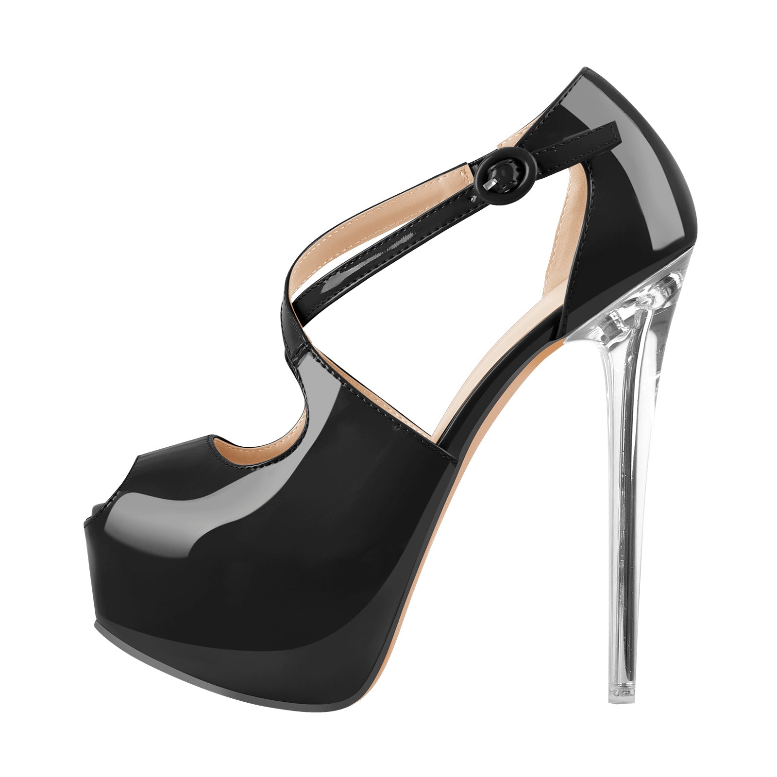 Plateau Pumps Stilettos High Heels Kreuzriemchen Kristallabsatz Peep Toe