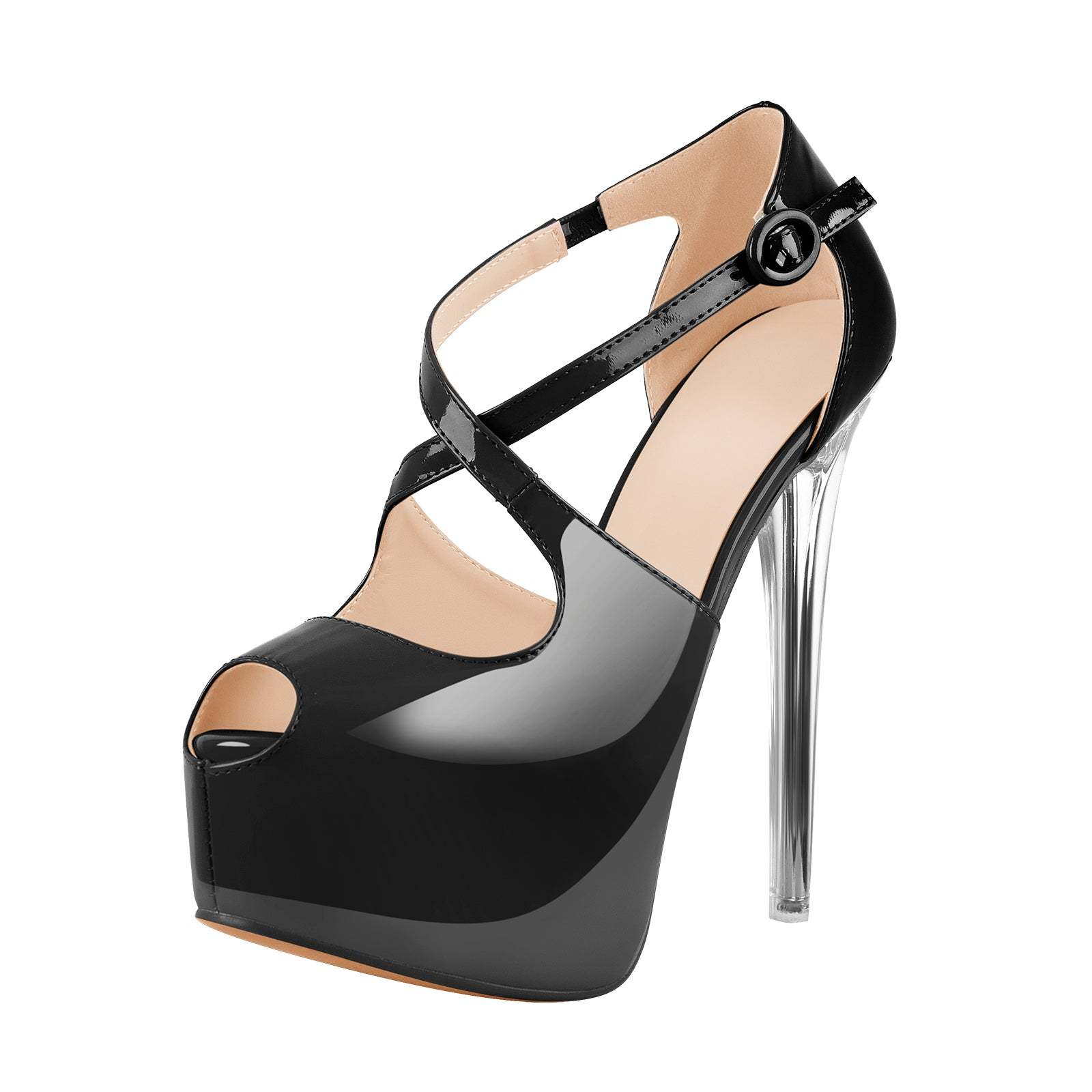 Plateau Pumps Stilettos High Heels Kreuzriemchen Kristallabsatz Peep Toe