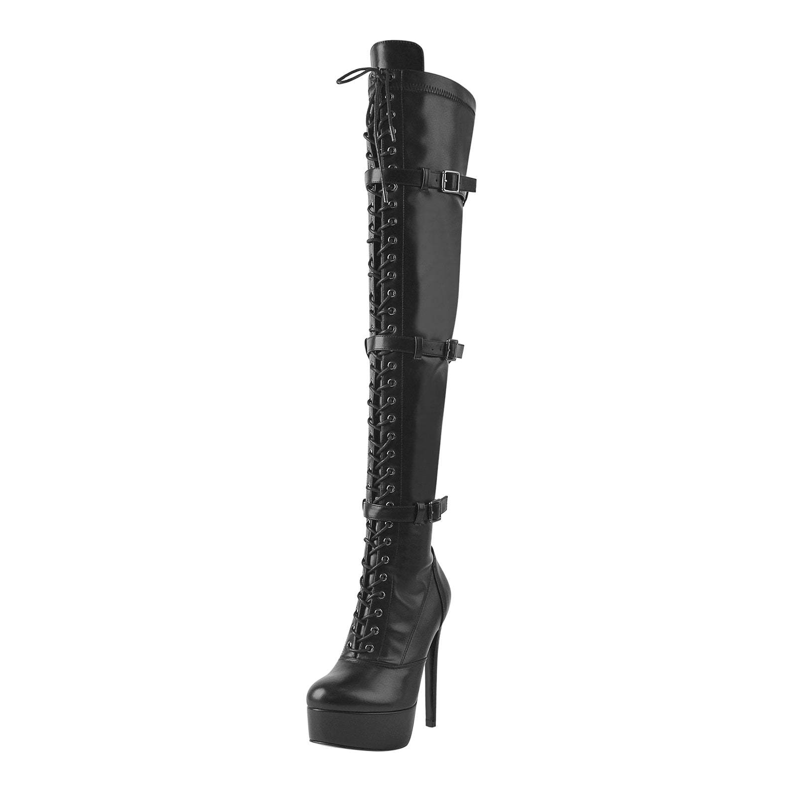 Plateau Langschaft Schnürstiefel Pfennigabsatz Schnallen Overknee