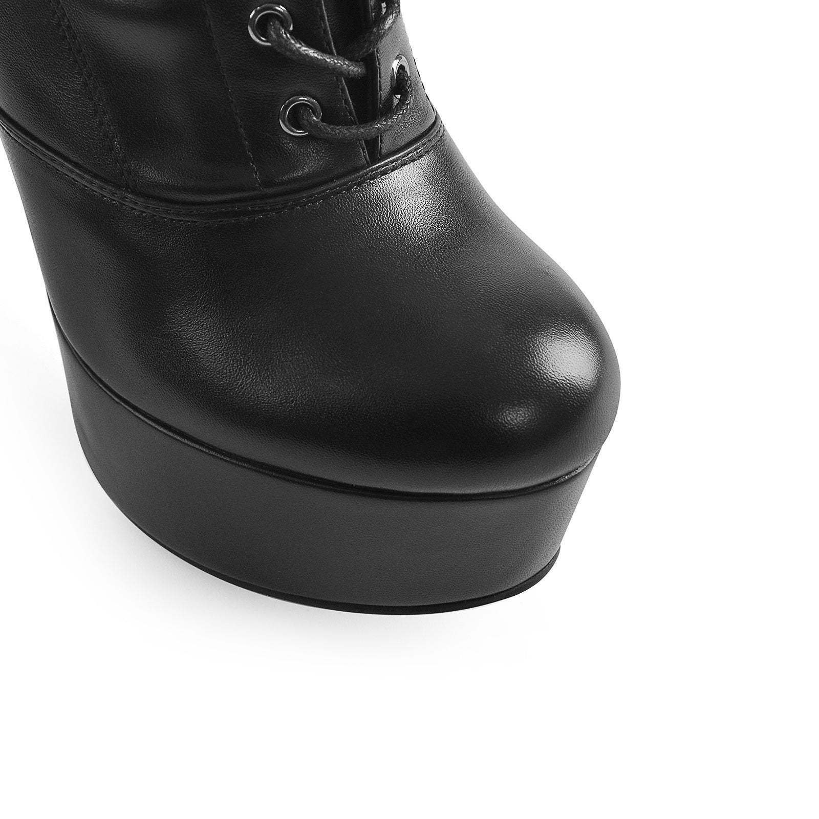 Plateau Langschaft Schnürstiefel Pfennigabsatz Schnallen Overknee