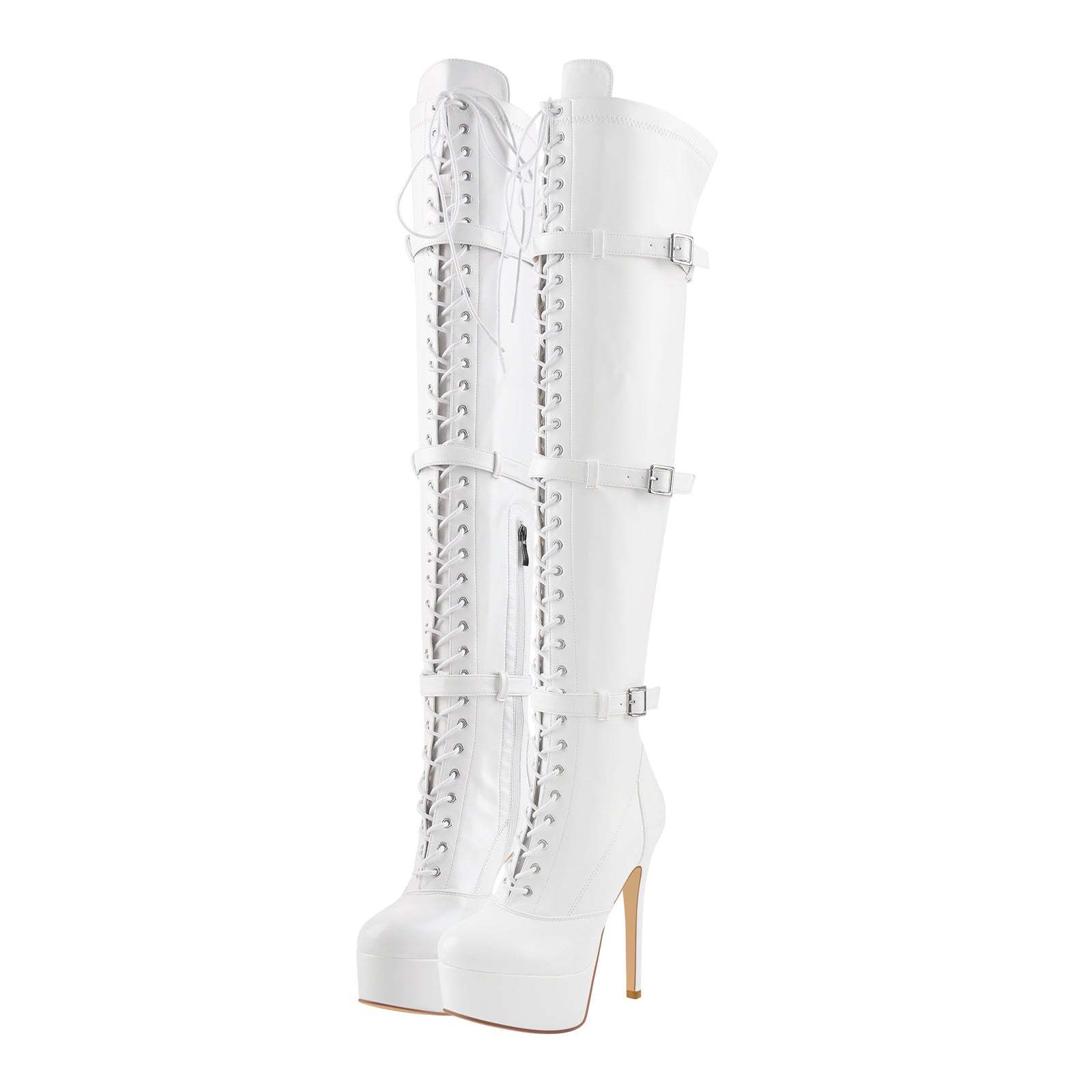 Plateau Langschaft Schnürstiefel Pfennigabsatz Schnallen Overknee