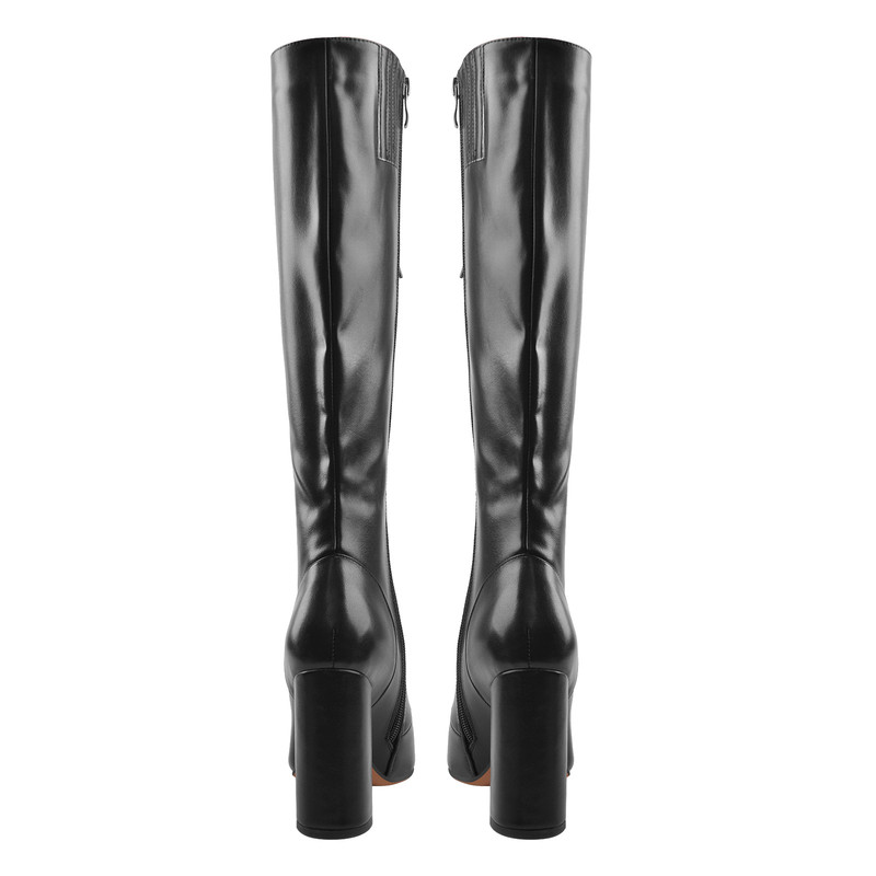 Kniehoch Schnürstiefel Rei?verschluss spitze Zehen Blockabsatz