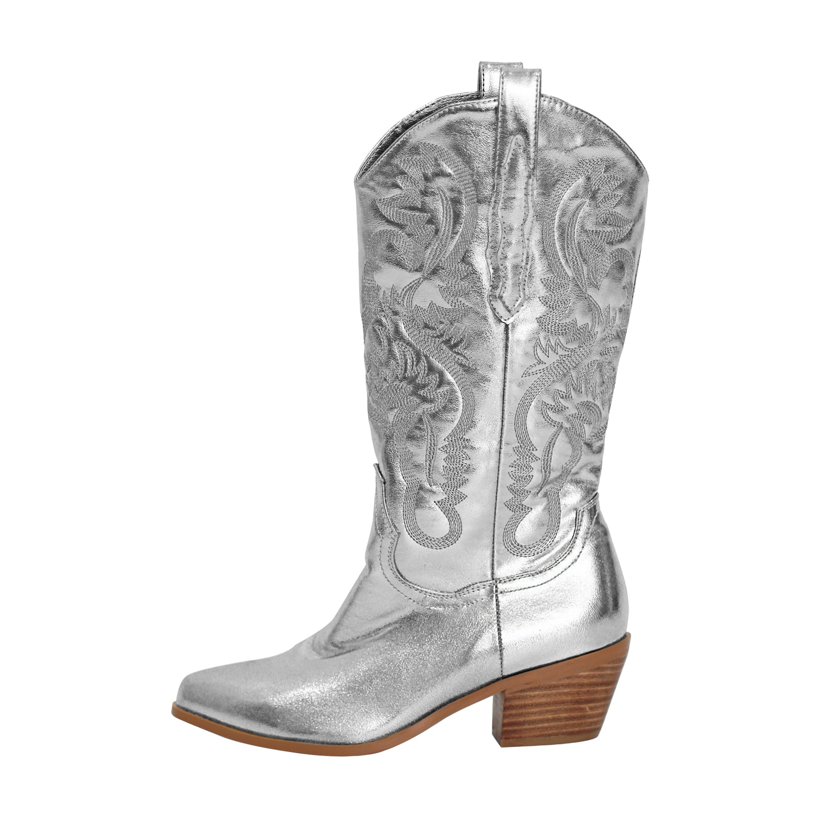 Mid Calf Cowboy Boots Stiefeletten High Heels Absatzschuhe Damenschuhe Knöchelstiefel Glänzende Westernstiefel