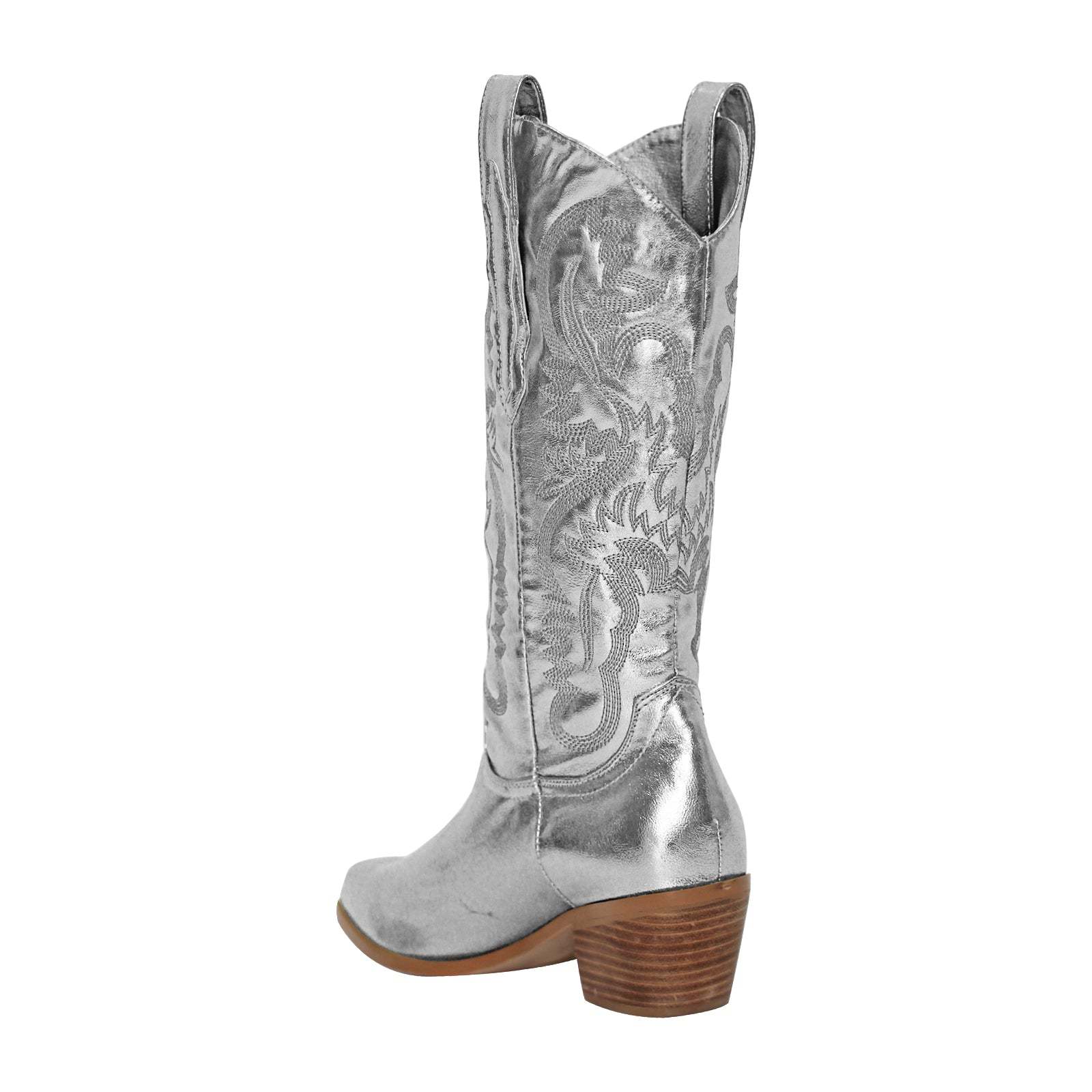 Mid Calf Cowboy Boots Stiefeletten High Heels Absatzschuhe Damenschuhe Knöchelstiefel Glänzende Westernstiefel