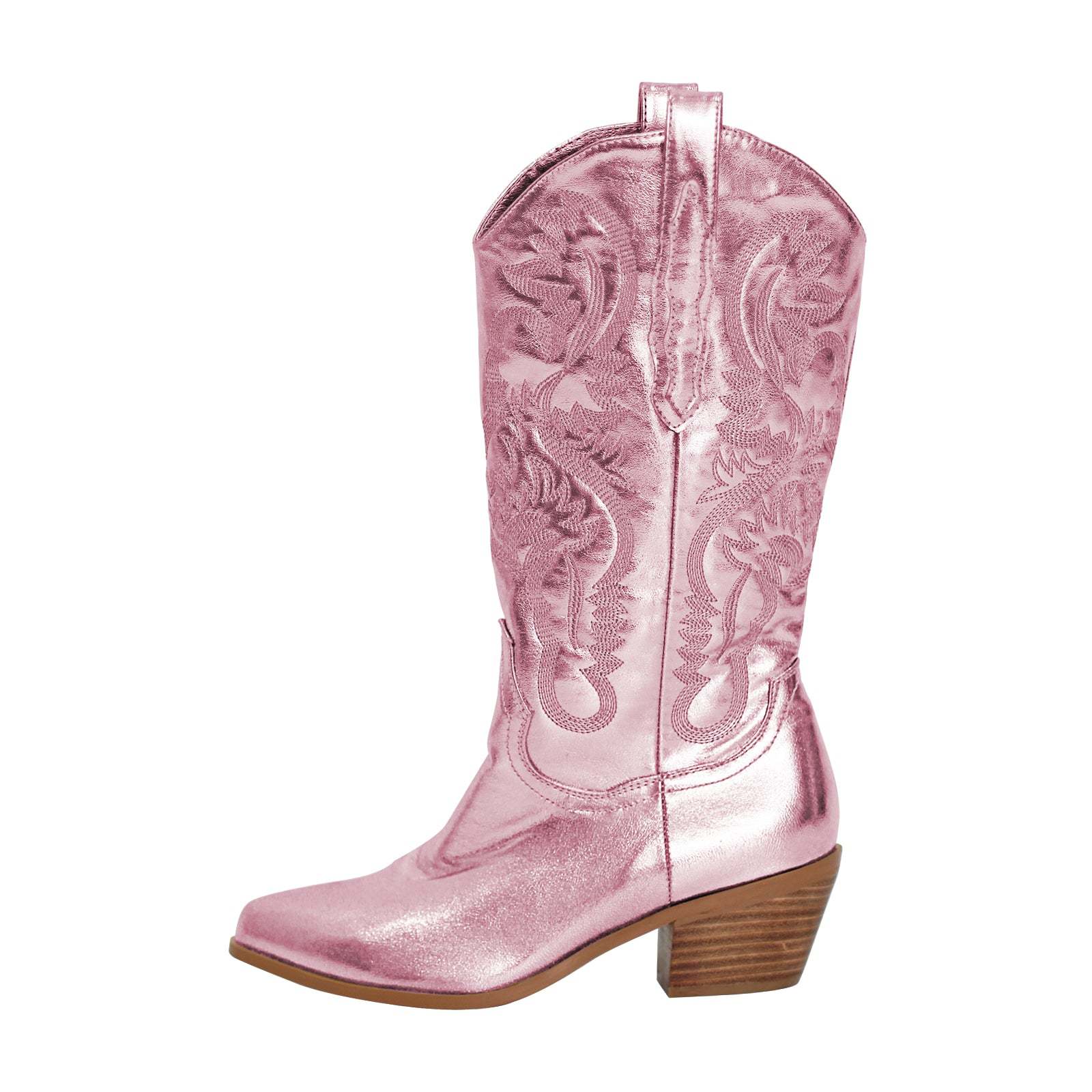 Mid Calf Cowboy Boots Stiefeletten High Heels Absatzschuhe Damenschuhe Knöchelstiefel Glänzende Westernstiefel