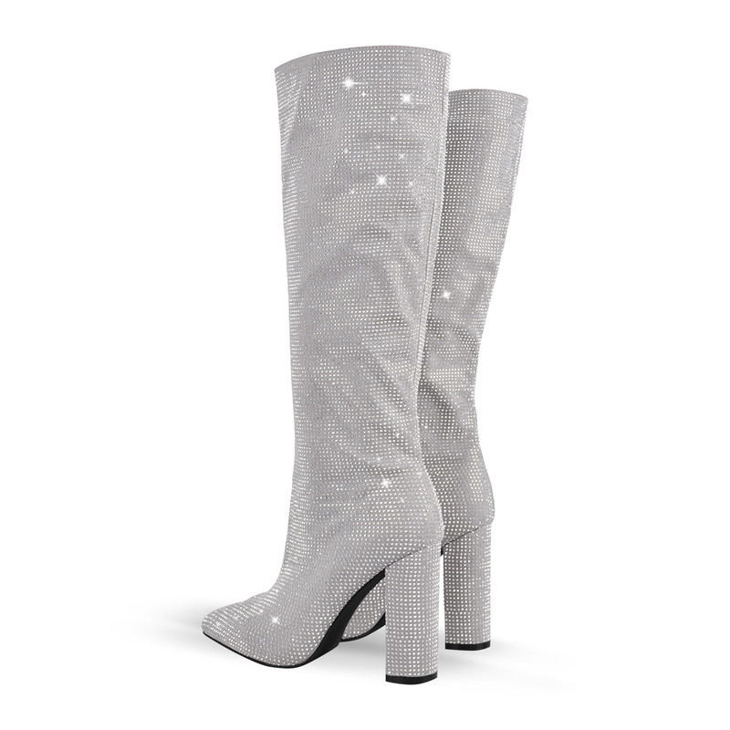 Spitz zulaufende klobige Absätze Strass Kniehohe Stiefel