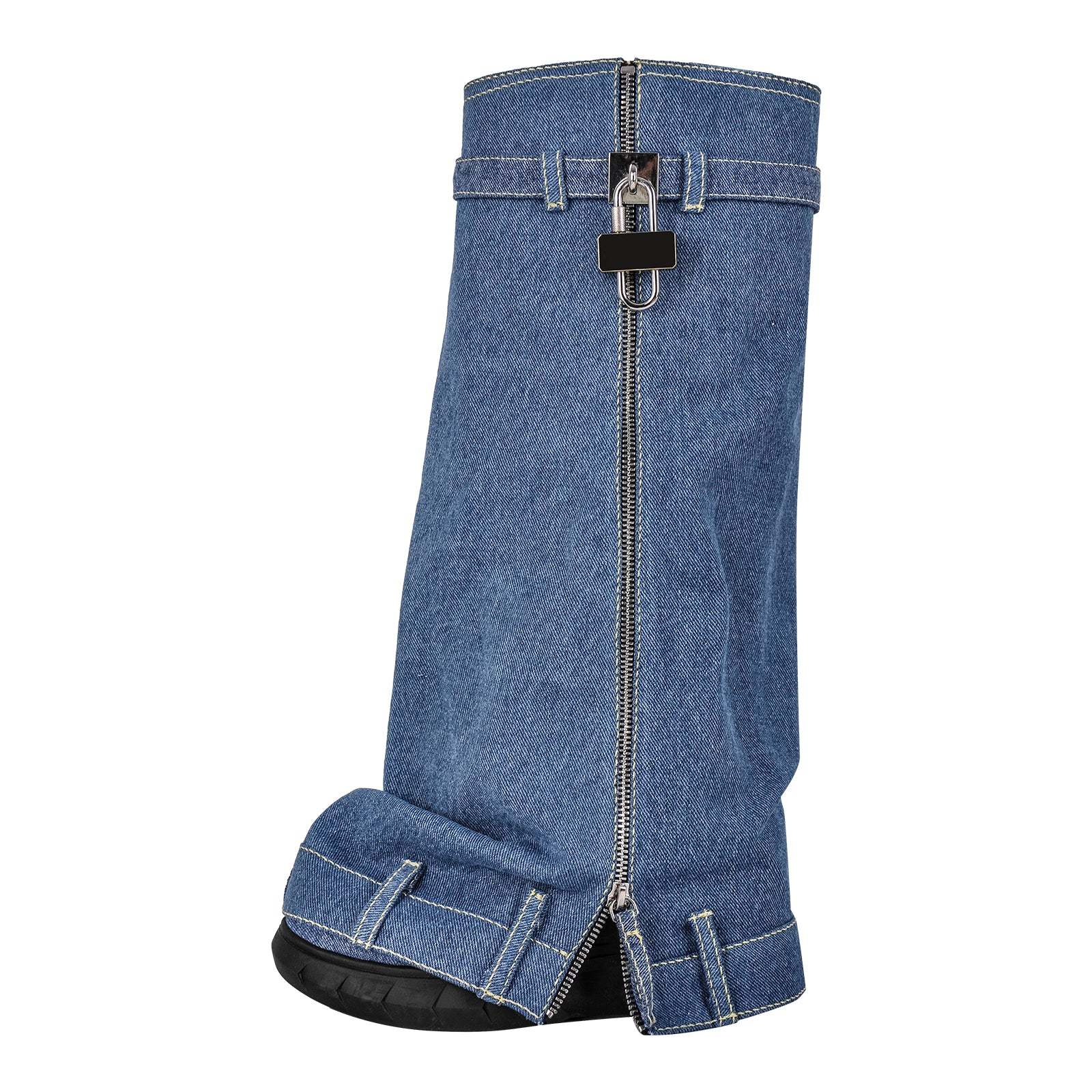 Fold Over Boots Halbstiefel mit Keilabsatz Jeansstoff Y2K Stil Denim Stiefel