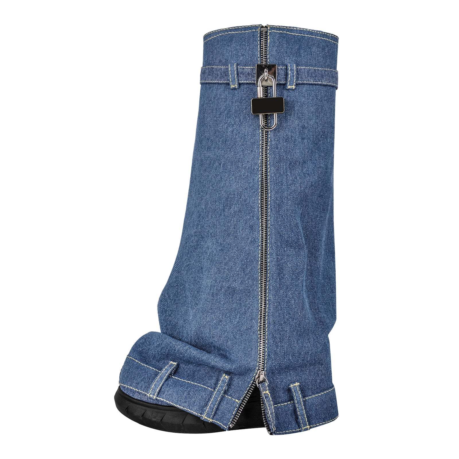 Fold Over Boots Halbstiefel mit Keilabsatz Jeansstoff Y2K Stil Denim Stiefel
