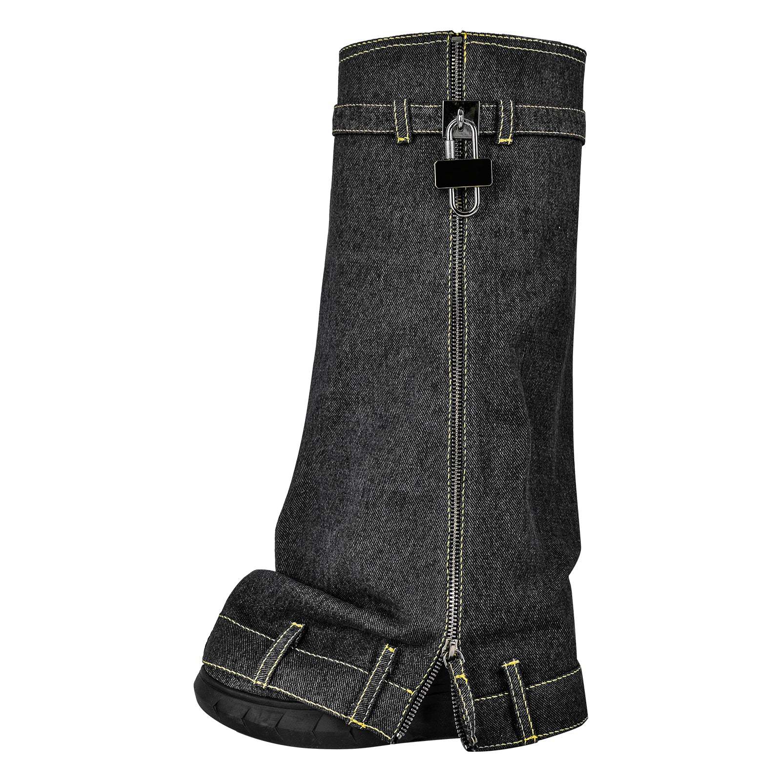 Fold Over Boots Halbstiefel mit Keilabsatz Jeansstoff Y2K Stil Denim Stiefel
