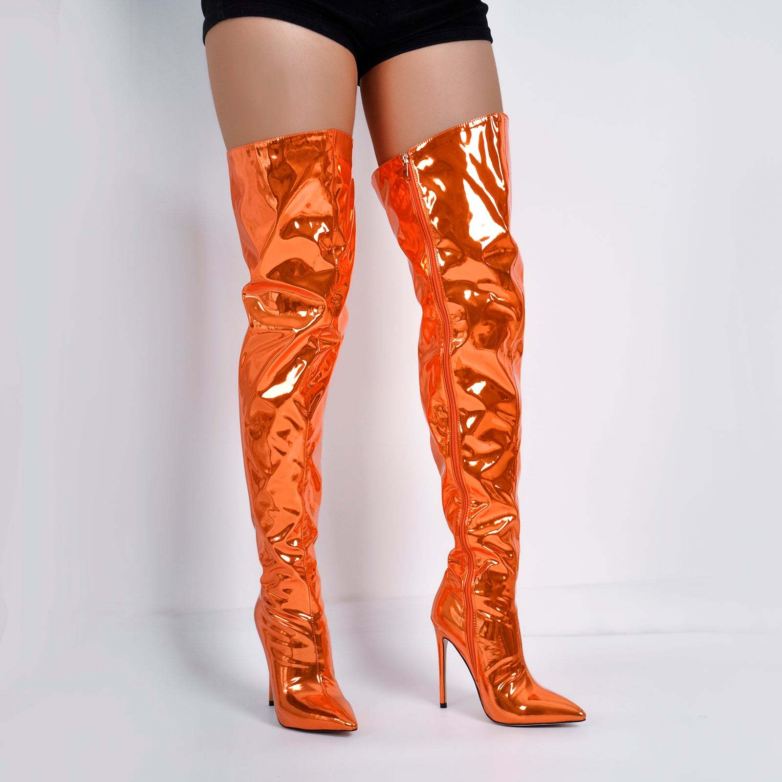 Spitze Zehen Langschaft Stiefel Overknee Pfennigabsatz Lack