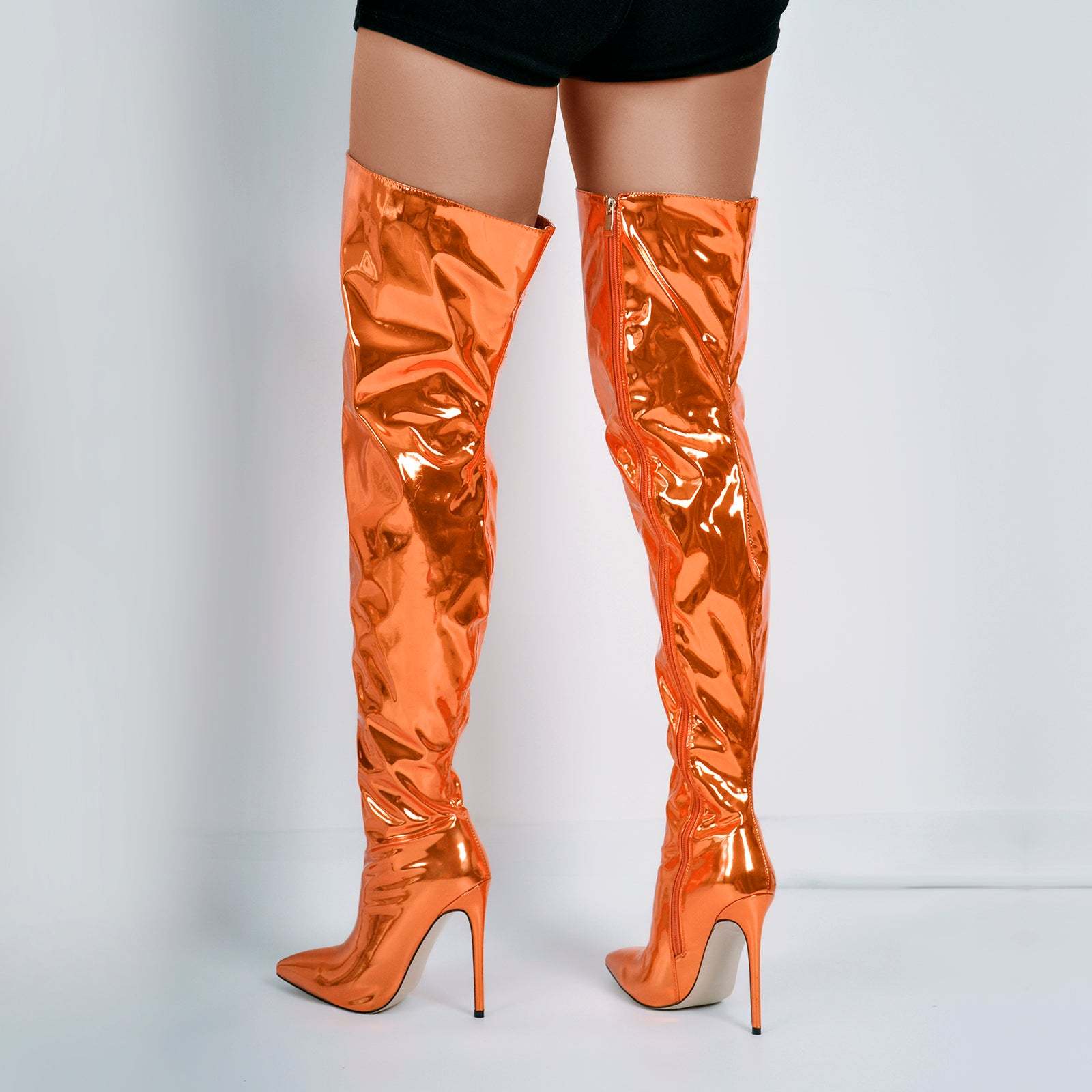 Spitze Zehen Langschaft Stiefel Overknee Pfennigabsatz Lack