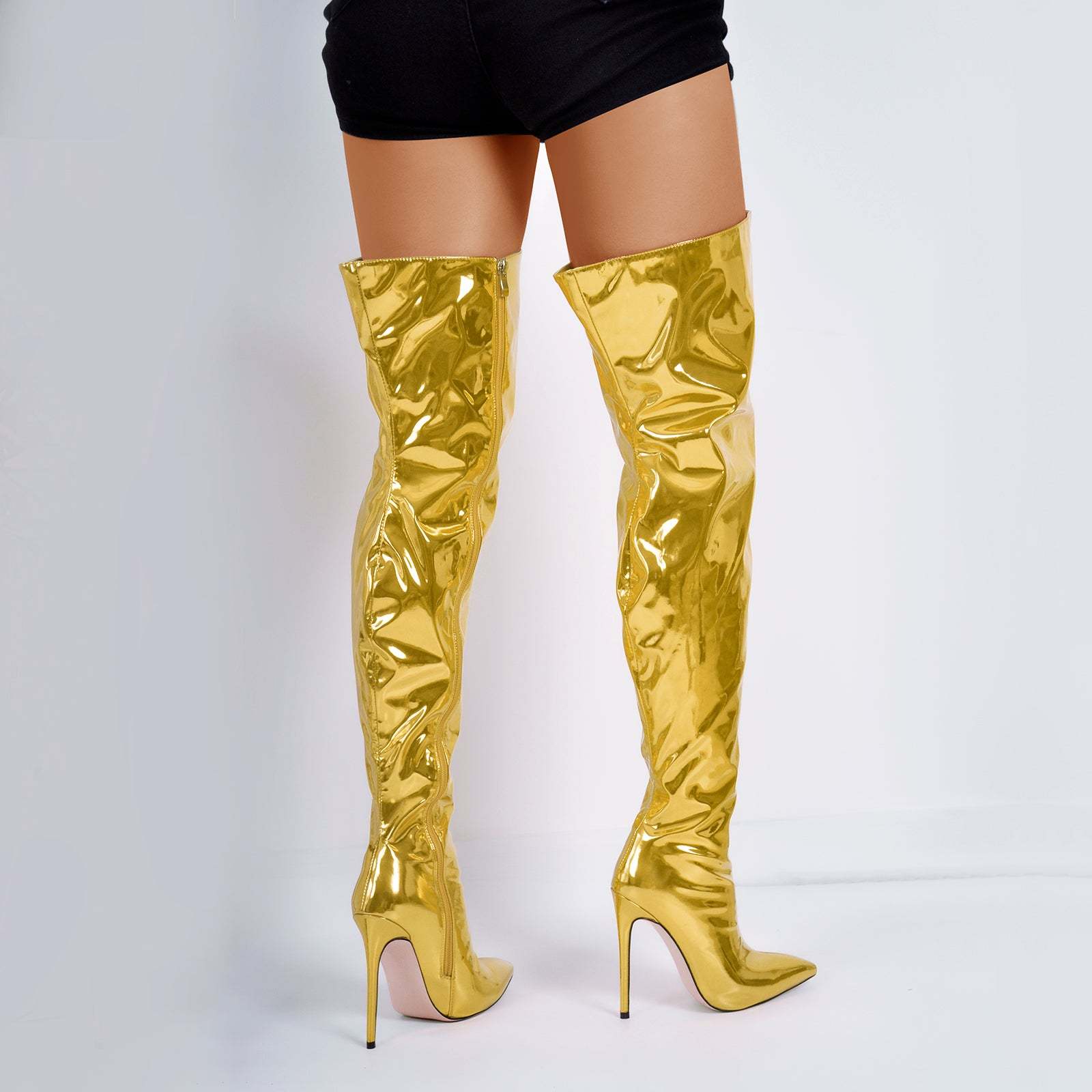 Spitze Zehen Langschaft Stiefel Overknee Pfennigabsatz Lack