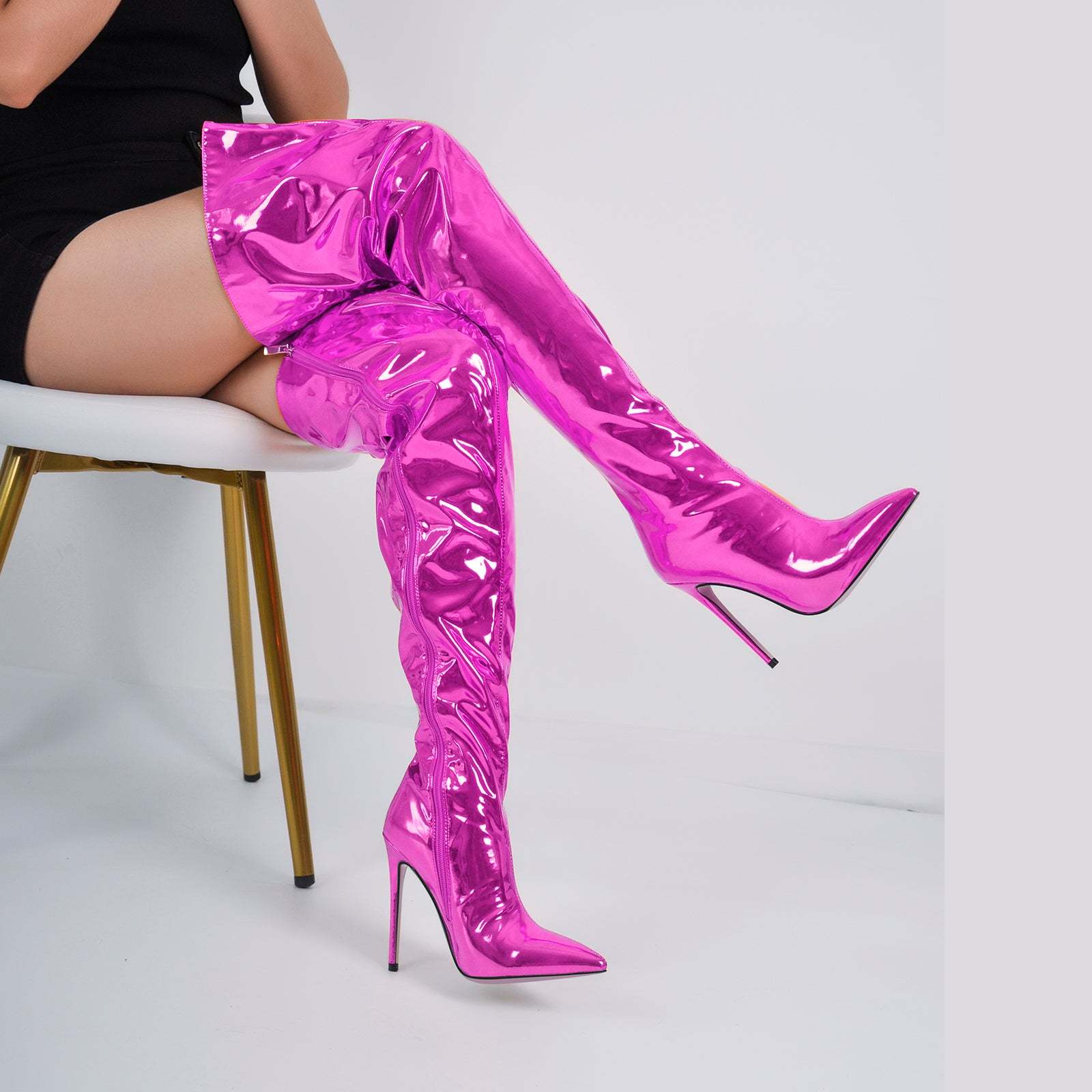 Spitze Zehen Langschaft Stiefel Overknee Pfennigabsatz Lack