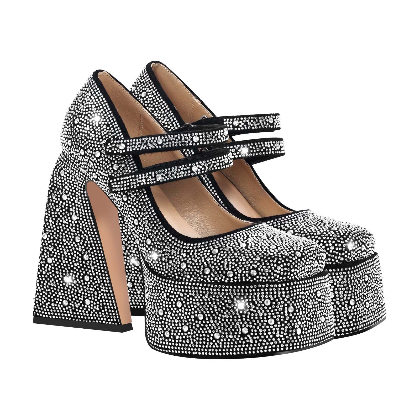 Plateau Riemchenpumps Mary janes mit Blockabsatz Strassstein Abendschuhe