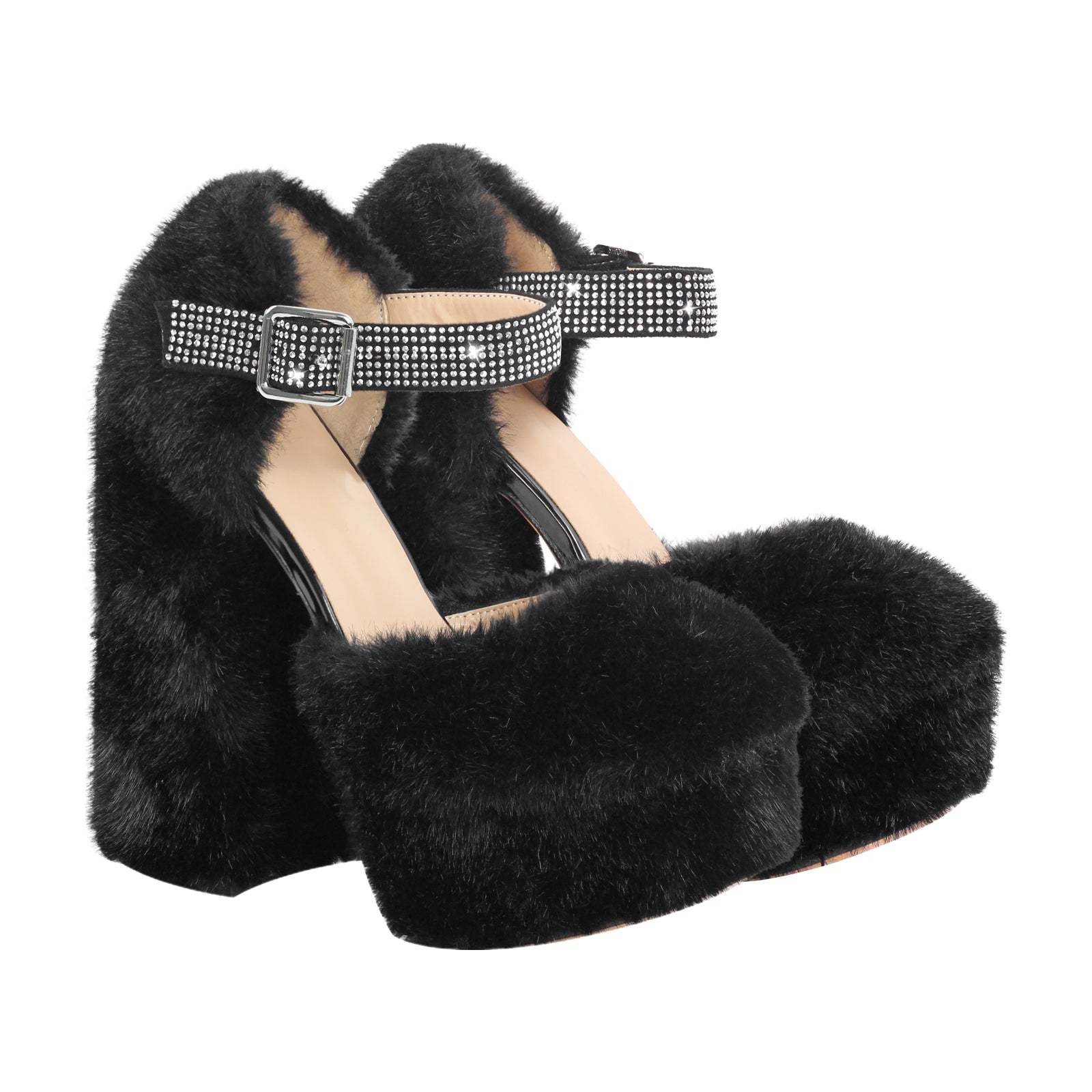 Damen Pumps Plateau Block High Heels Plüsch