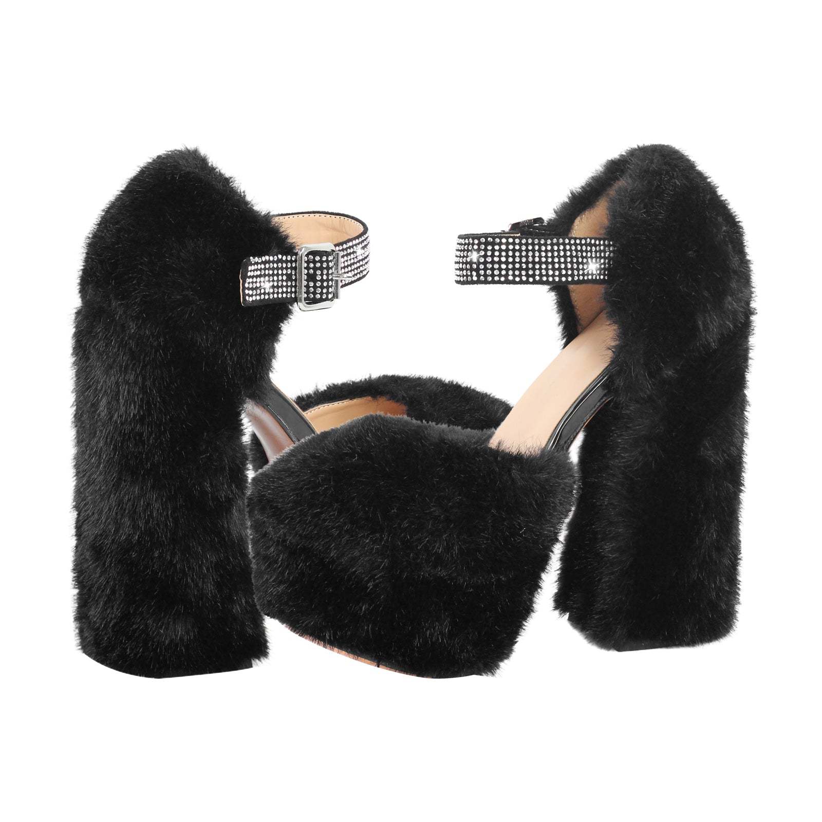 Damen Pumps Plateau Block High Heels Plüsch