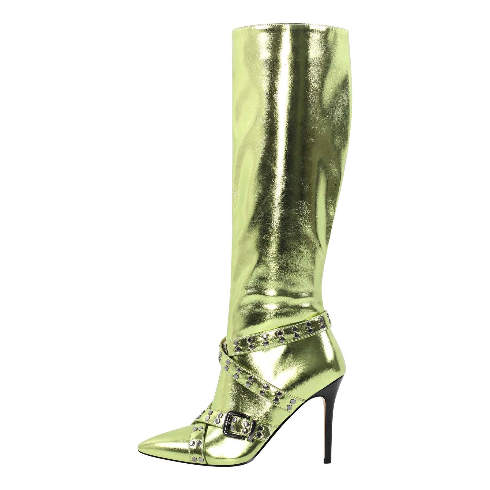 Langschaft Stiefel Glänzende Absatzstiefel verzierte Schnallen