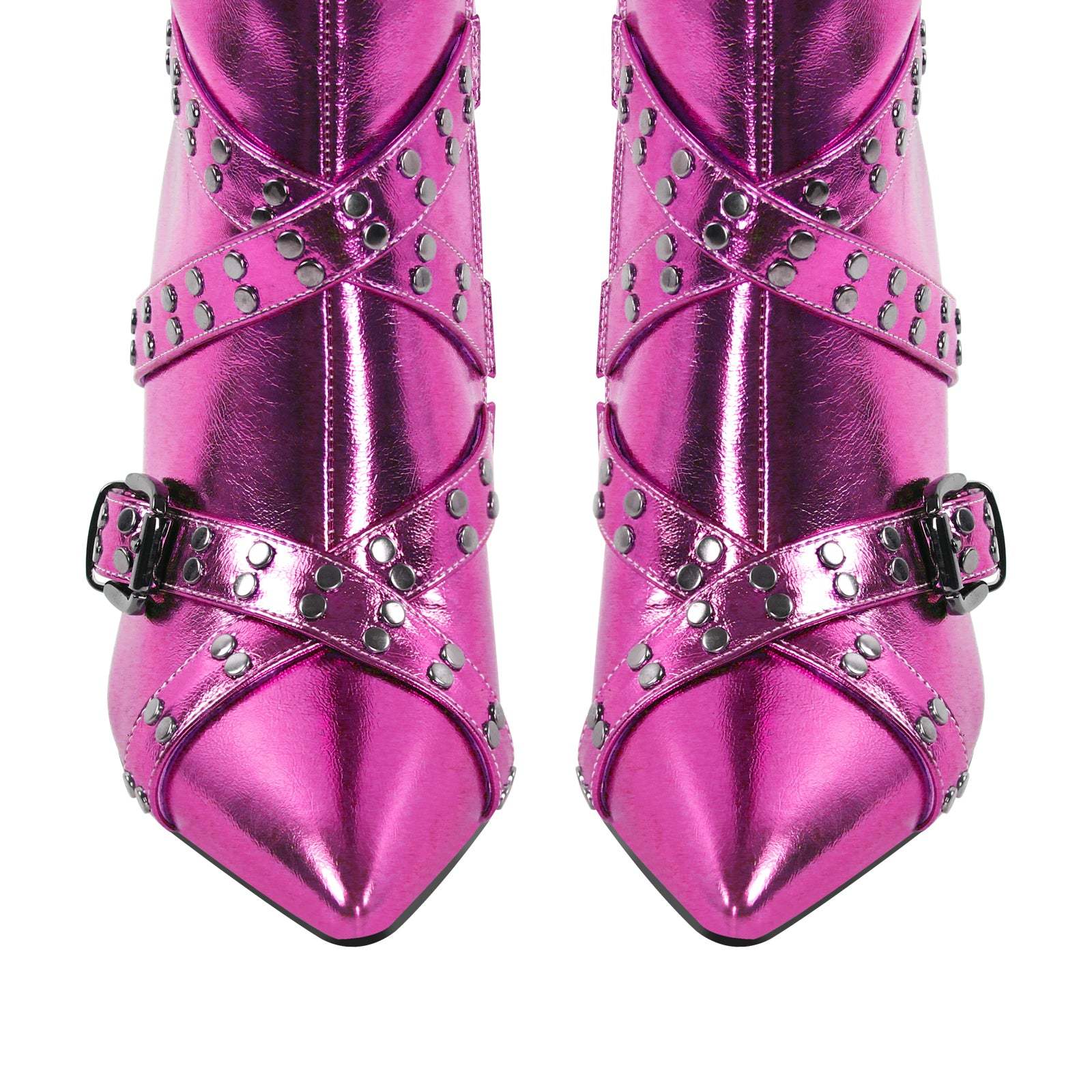 Langschaft Stiefel Glänzende Absatzstiefel verzierte Schnallen