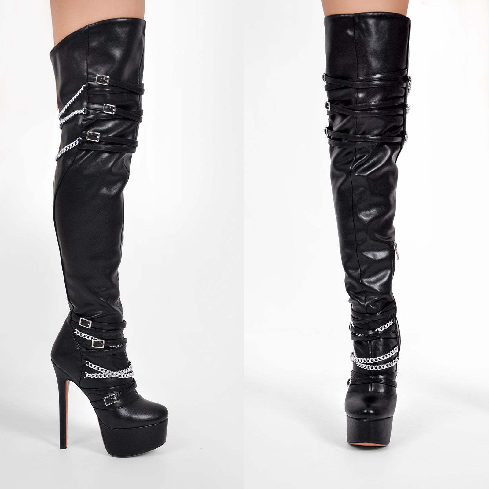 Plateau Overknee Stiefel mit Pfennigabsatz Absatzschuhe Verzierte Ketten Weitschaft