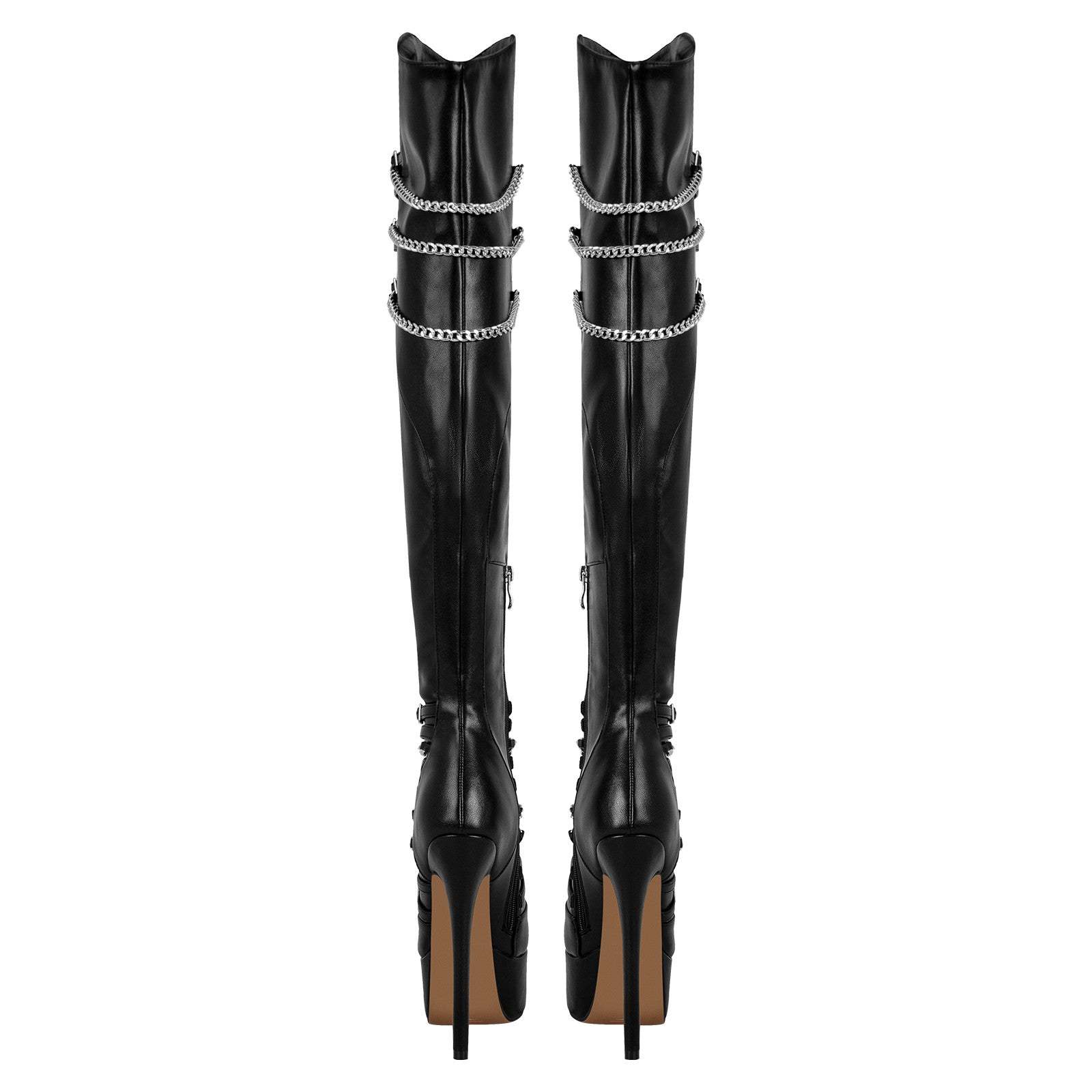 Plateau Overknee Stiefel mit Pfennigabsatz Absatzschuhe Verzierte Ketten Weitschaft