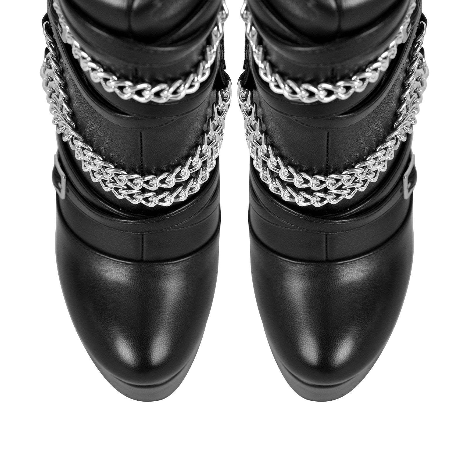 Plateau Overknee Stiefel mit Pfennigabsatz Absatzschuhe Verzierte Ketten Weitschaft