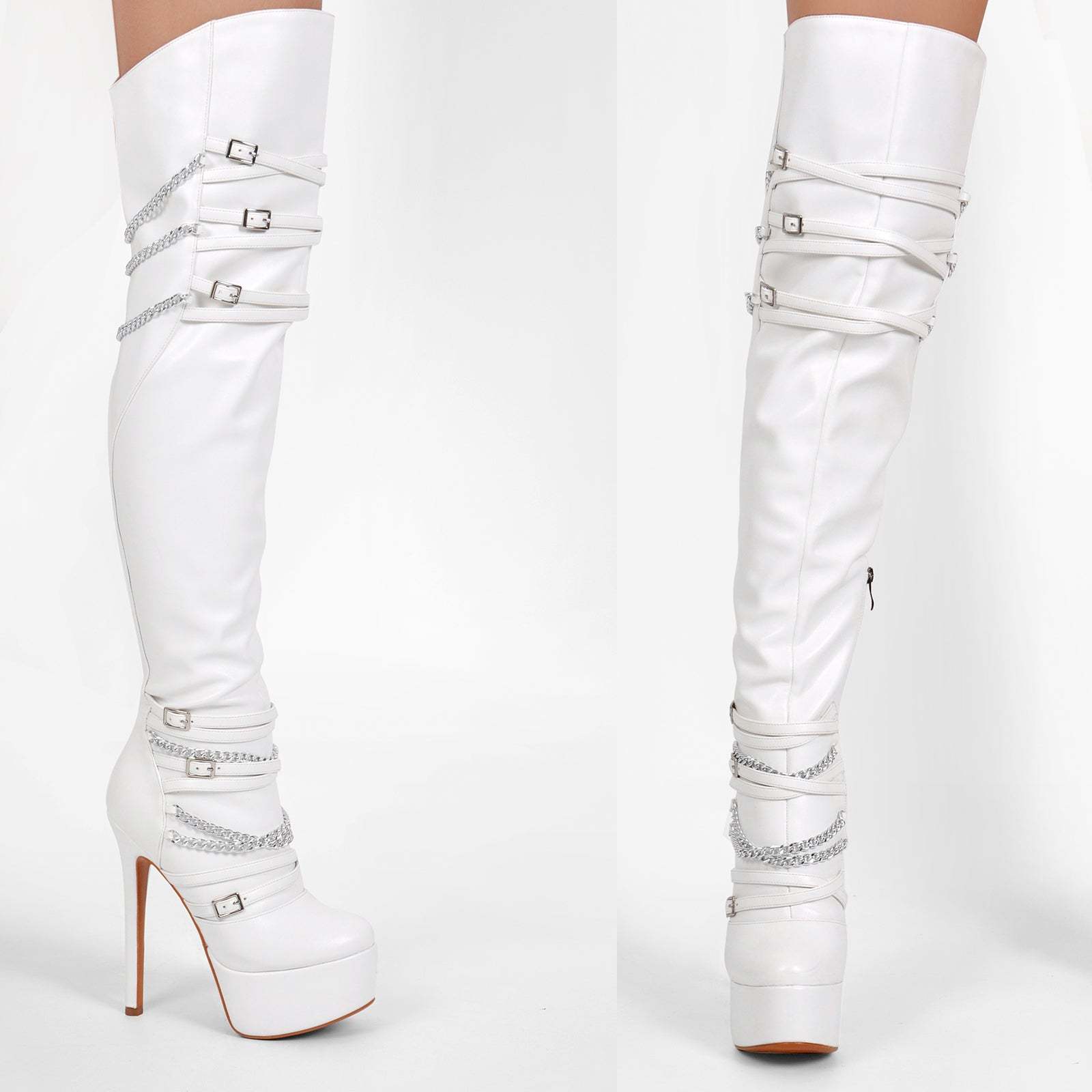 Plateau Overknee Stiefel mit Pfennigabsatz Absatzschuhe Verzierte Ketten Weitschaft