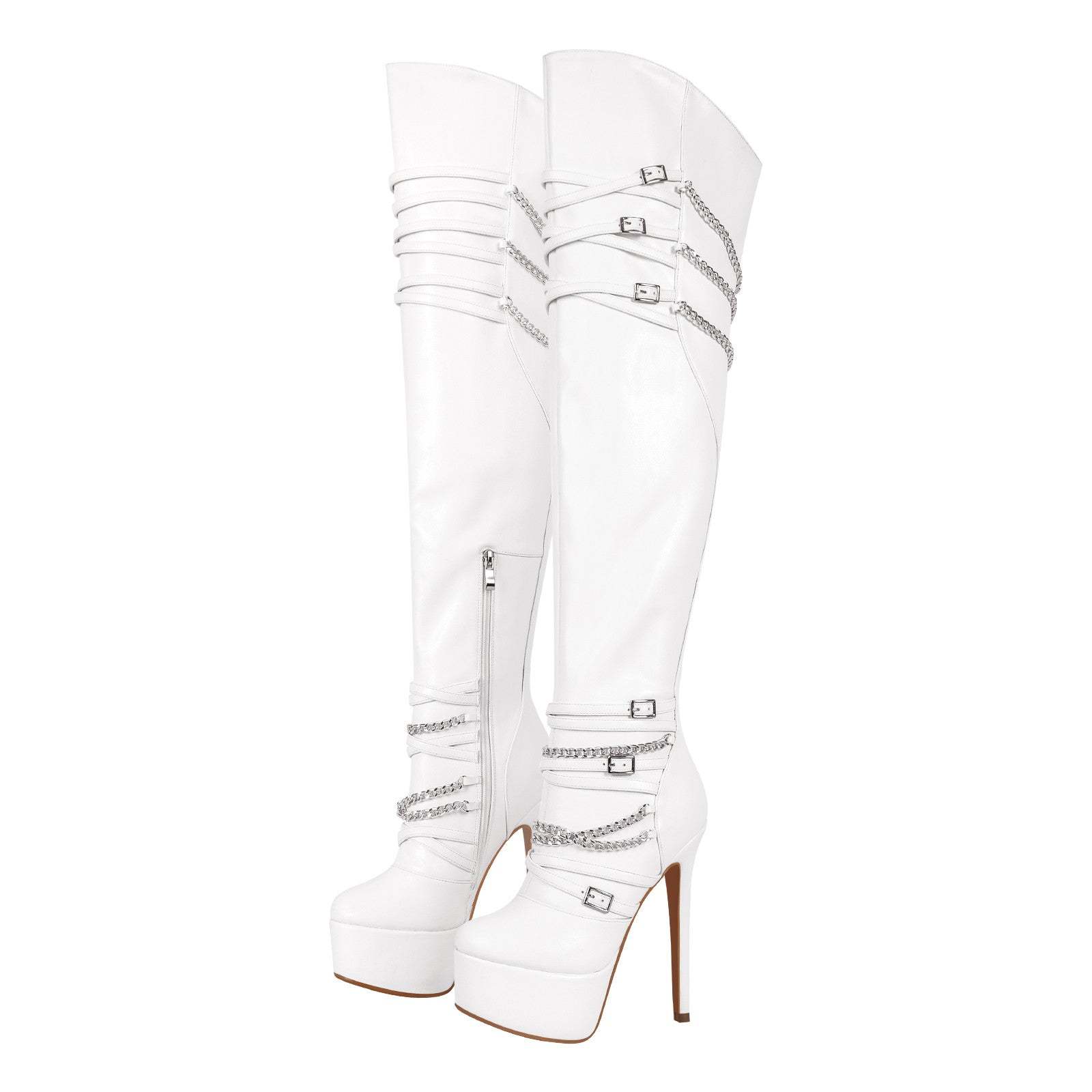 Plateau Overknee Stiefel mit Pfennigabsatz Absatzschuhe Verzierte Ketten Weitschaft