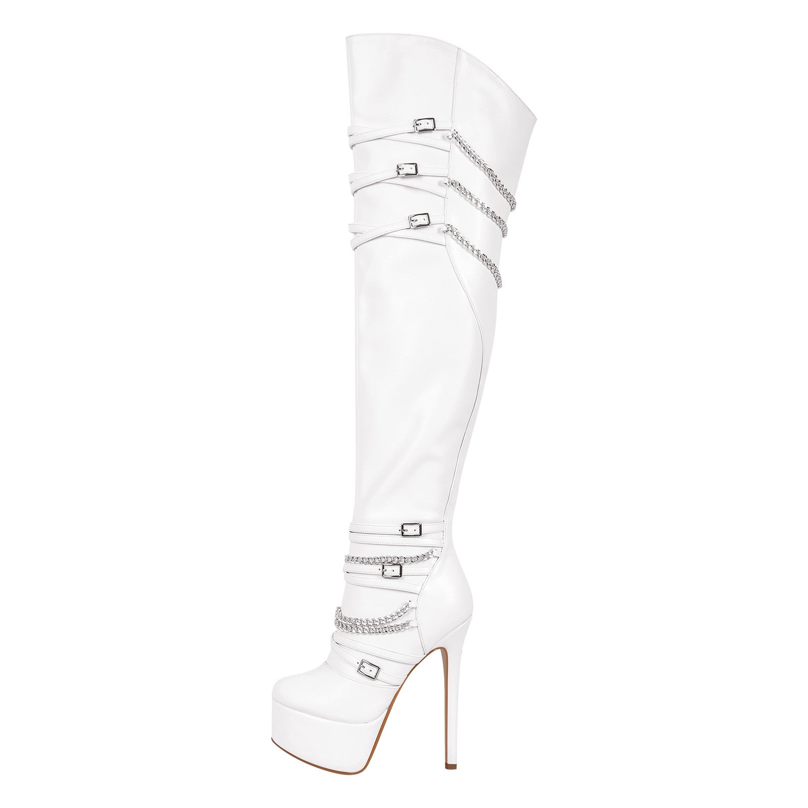 Plateau Overknee Stiefel mit Pfennigabsatz Absatzschuhe Verzierte Ketten Weitschaft