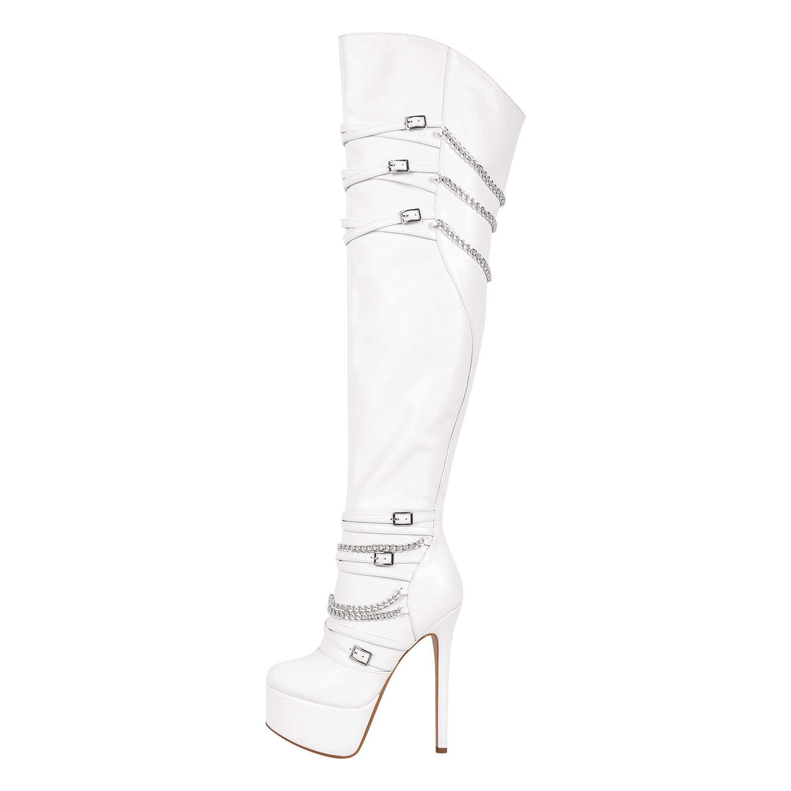 Plateau Overknee Stiefel mit Pfennigabsatz Absatzschuhe Verzierte Ketten Weitschaft