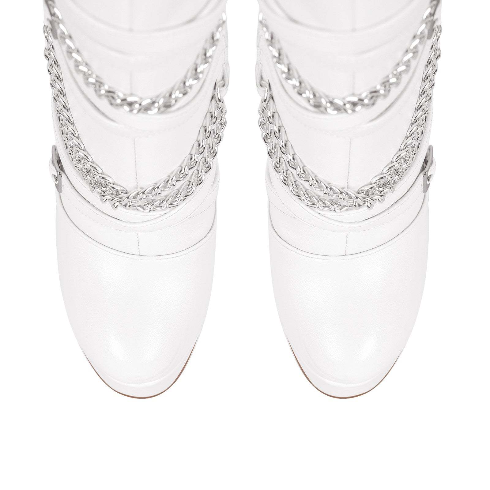 Plateau Overknee Stiefel mit Pfennigabsatz Absatzschuhe Verzierte Ketten Weitschaft