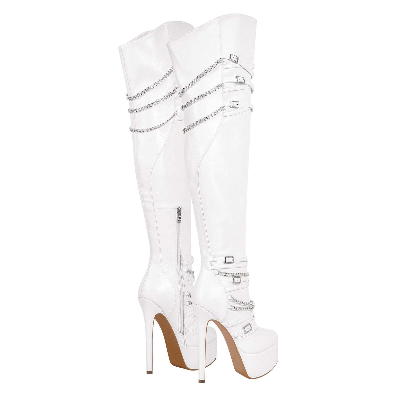Plateau Overknee Stiefel mit Pfennigabsatz Absatzschuhe Verzierte Ketten Weitschaft